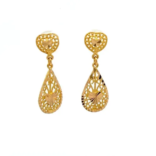 Heartfelt Teardrops Gold Drop Earrings | Mustafa Jewellery Malaysia